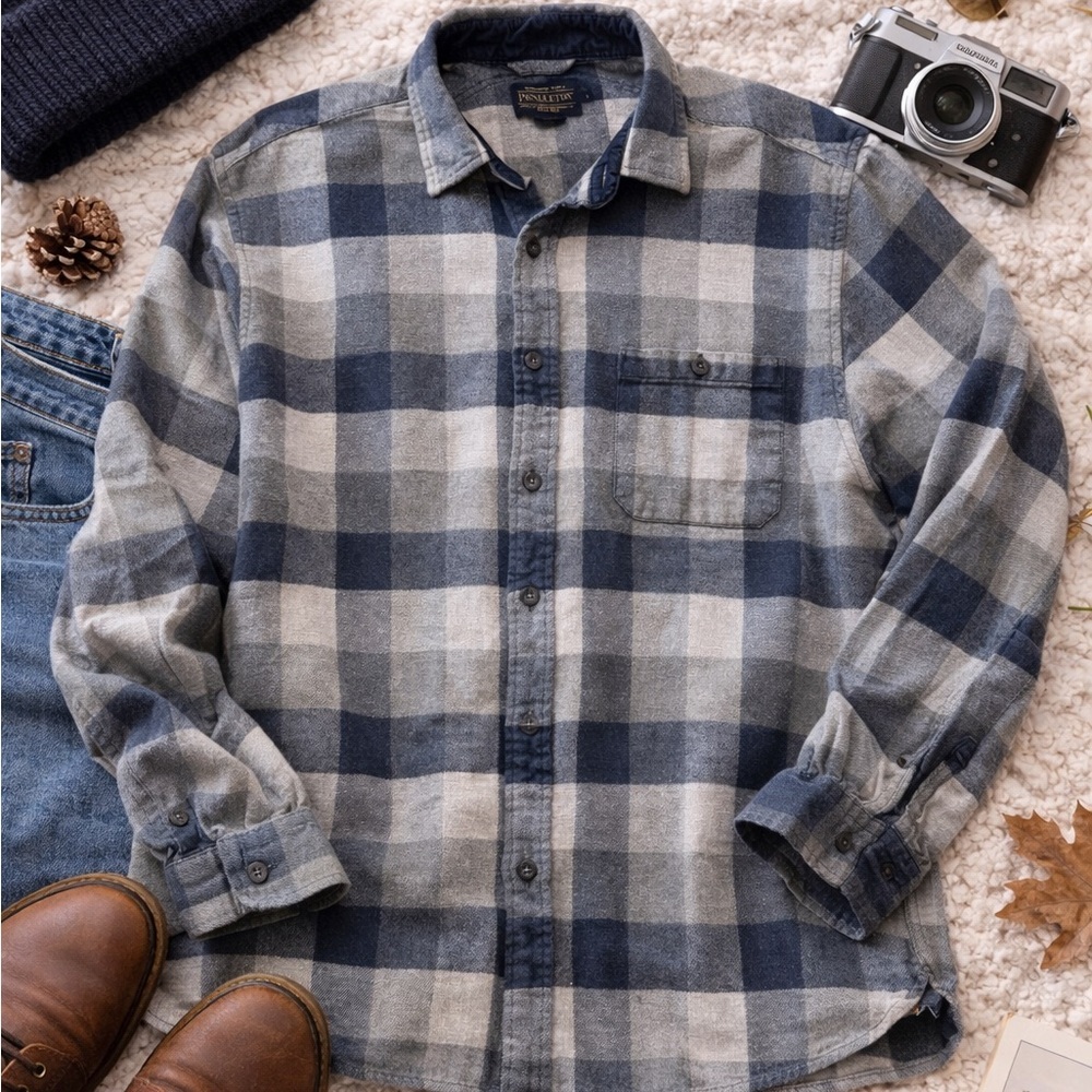 Pendleton Blue Gray Plaid Button Down Shirt Size L